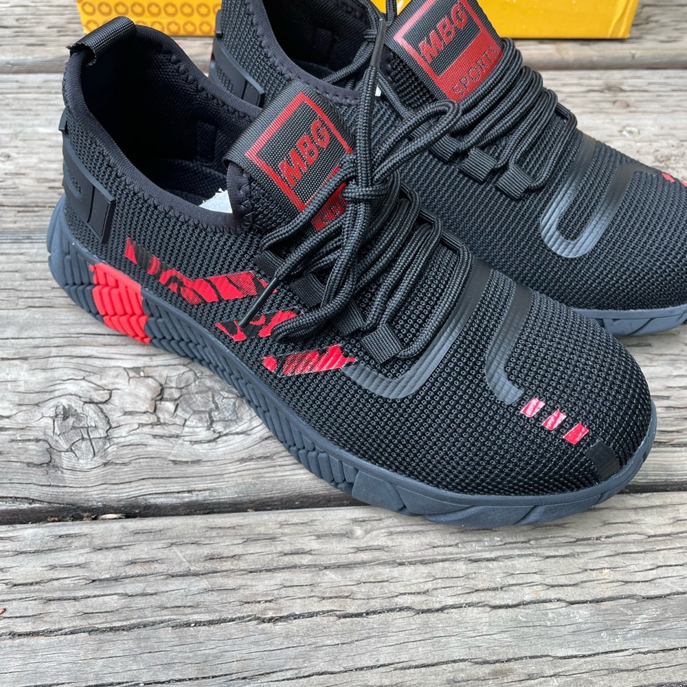 Women work shoes steel toe Black and Red Sneakers with Mesh Upper and Sock-Like